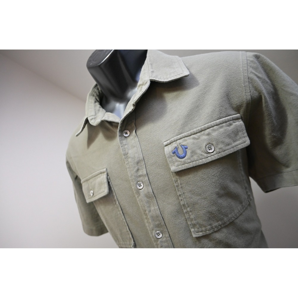 True Religion Button Down Shirt Mens Medium Olive Green Short Sleeve Utility